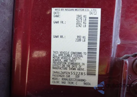 2012 Nissan Altima 2.5 S from USA, damaged, VIN 1N4AL2AP5CN552285